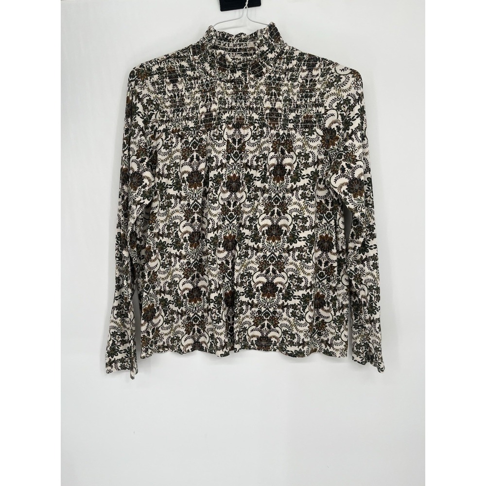J Jill Printed Smocked Detail Top M High Neck Barely Vibrant Damask Cotton Blnd